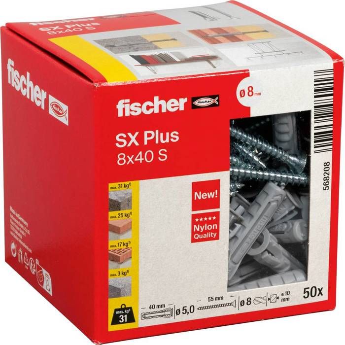 Cheville nylon pour matériaux pleins Fischer SX PLUS 8x40 mm BTE 50 pièces