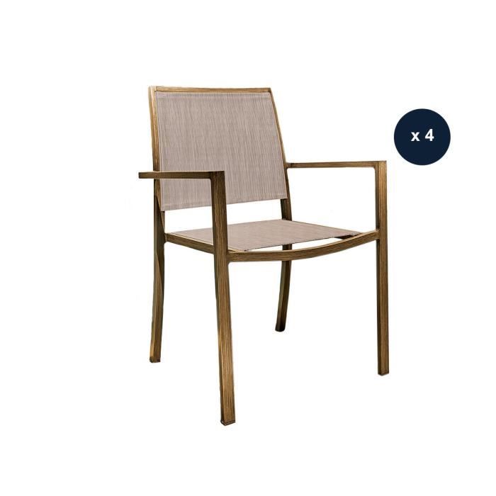 lot de 4 fauteuils de jardin en aluminium et textilène empilable aspect teck santorin - jardiline 55 x 58 x 85 cm marron