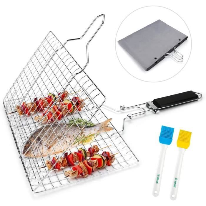 Panier à Poisson Barbecue En Acier Inoxydable Pliable - Avec Sac Et Brosses