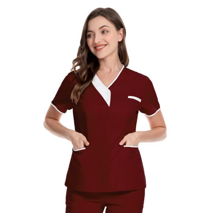 Tunique Médicale Femme Col en V Blouse Medicale Femme Manche Courte  Uniforme De Travail Blouse Infirmiere Femme Rouge vif