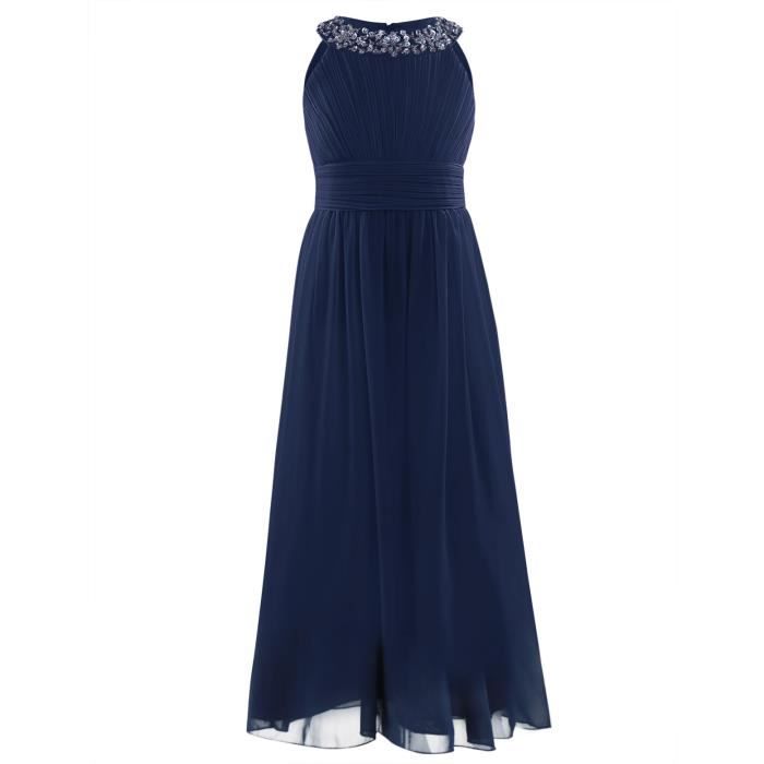 Robe De Ceremonie Princesse Fille 4 14ans Enfants Col Decore Paillettes Perles Pour Fete D Anniversaire Mariage Bleu Fonce Cdiscount Pret A Porter