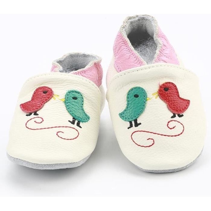 Chaussures Bebe En Cuir Souple Chaussons Bebe Chaussures Premiers Pas Deux Petits Oiseaux 0 6 Ans Blanc Cdiscount