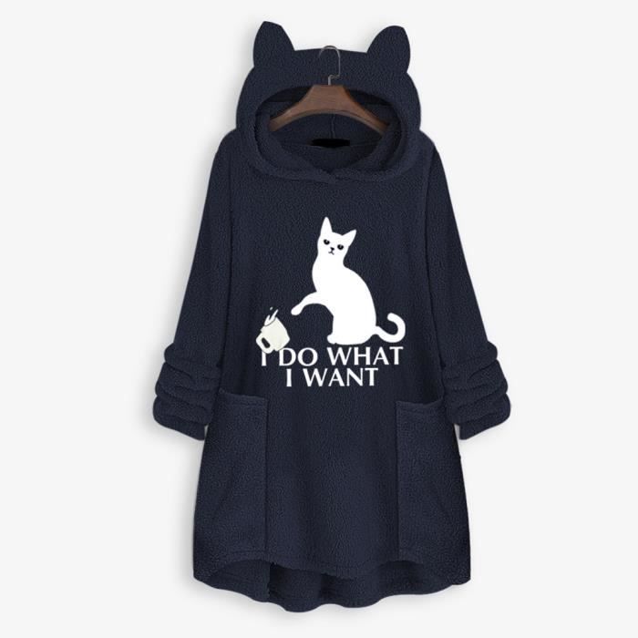 Femmes polaire broderie oreille de chat grande taille sweat ?� capuche poche top chandail 