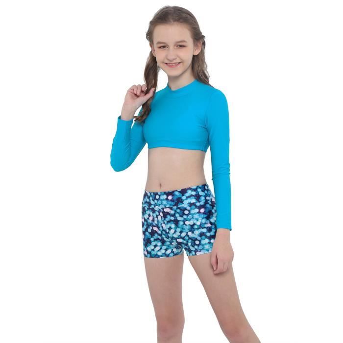 Iiniim Ensemble Sport Fille Enfant Short Danse Classique Haut Court Manches Longues T Shirt de Bain Maillots de Bain Plage 3 14 Ans Bleu Cdiscount Sport