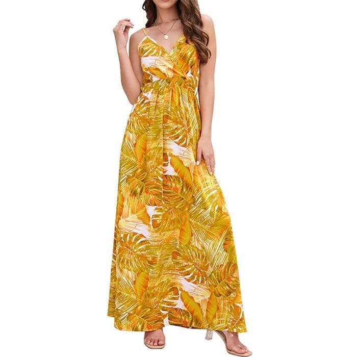 Générique Femme Robe Longue Été Boho Chic Sexy Col V Sans Manche Imprime Fluide Robe De Plage Vacances Maxi Robes De Cocktail