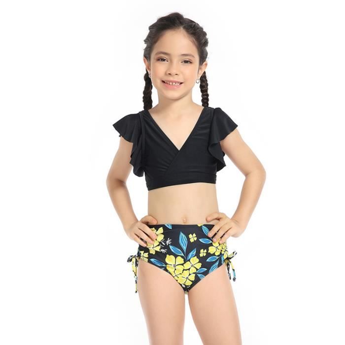 Maillot de Bain Enfant Fille 2 Pièces Extensible Col en V Confortable pour  Piscine Plage Natation Été - Noir