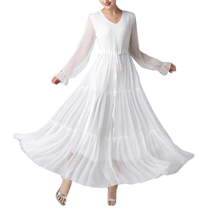 Femmes Col en V elegant Taille fine Robe Fluide evasee Longue a Volants Maxi Robe de Vacances d ete en Mousseline de soie Blanc Blanc Cdiscount Pret a Porter