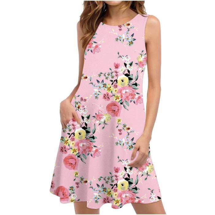 Robe Femme Robes D'??t?� Pour Femmes Beach Floral Tshirt Sundress Casual Pockets Boho Tank Dress 