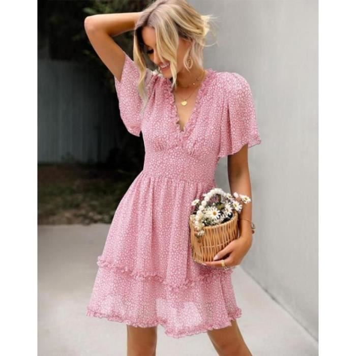Robe Femme Chic Élégante Col V Dégradé Boutons – Robe Midi Été Fluide Légère, Manches Courtes, Style Rétro Décontracté Plage