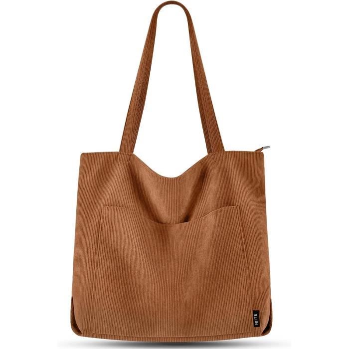 Prite Tote Bag Sac en Velours Côtelé Bandouliere Cabas Femme Homme Sac Fourre Tout avec Fermeture Éclair et Poches104