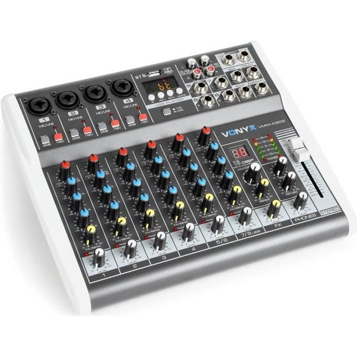 Vonyx VMM-K802 - Table de mixage 8 canaux DSP - USB, récepteur Bluetooth, 6 x entrée mic/ligne mono, 2 x entrée ligne stéréo
