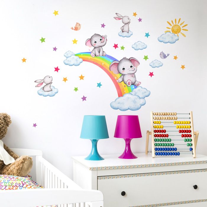 Stickers Muraux Enfants Arc en Ciel Autocollant Mural Éléphant Lapin ...