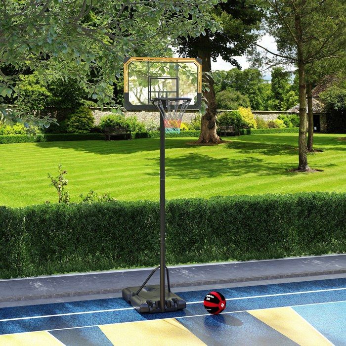 HOMCOM Panier De Basket Extérieur – Hauteur Réglable 203-258 Cm, Pied Solide Avec Roues, Base À Lester (Eau/Sable), Panneau PVC