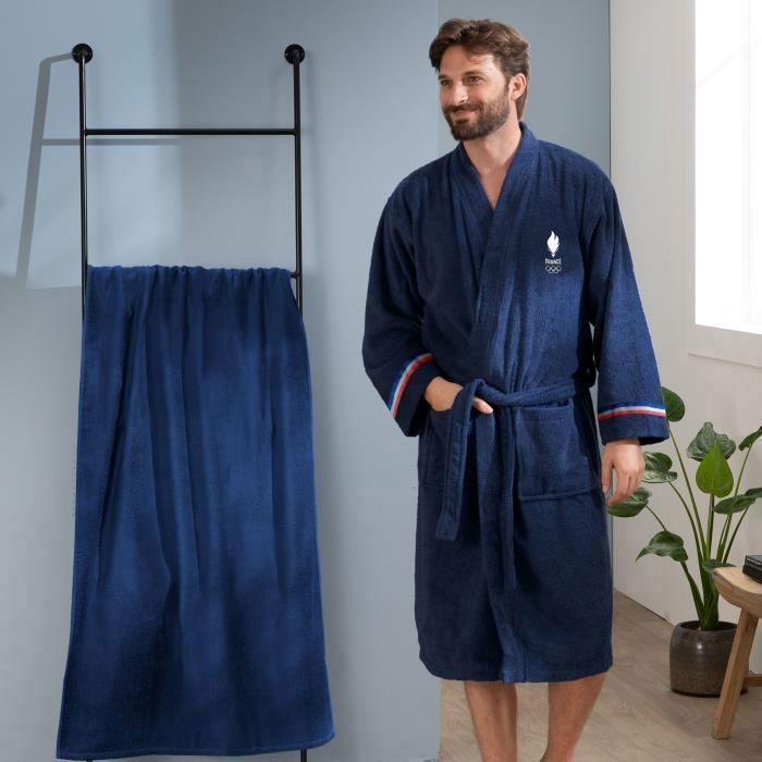 Peignoir adulte PARIS 2024 JO EQUIPE DE FRANCE OLYMPIQUE COQ OMYDREAM 100 coton Bleu marine Taille M Cdiscount Maison