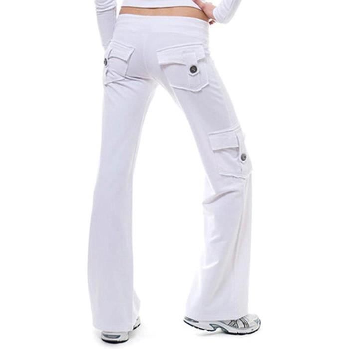 Pantalon de Yoga Femme Fluide Taille Haute Jambe Large Bootcut Legging de Jogging Decontracte Droit avec Cordon Blanc