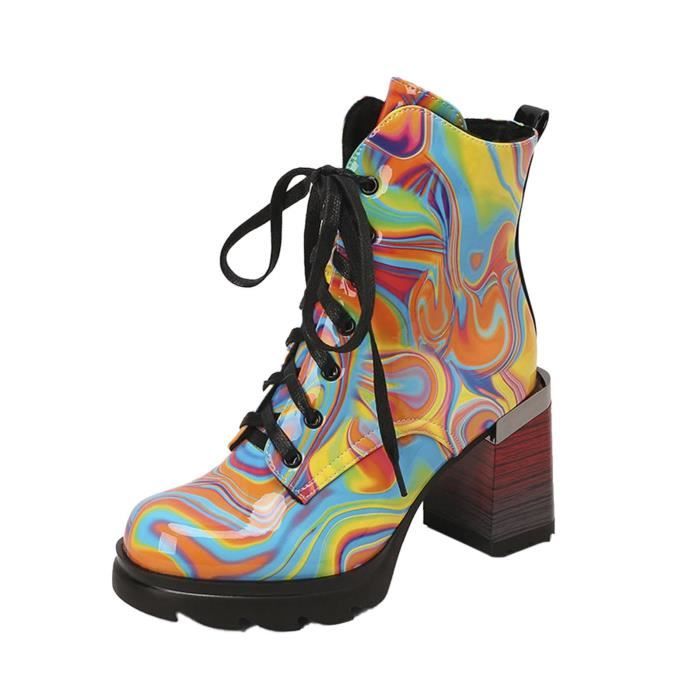 Mode femmes epais talon haut bottines plate forme bandage etudiant chaussures Multicolore Multicolore Cdiscount Chaussures