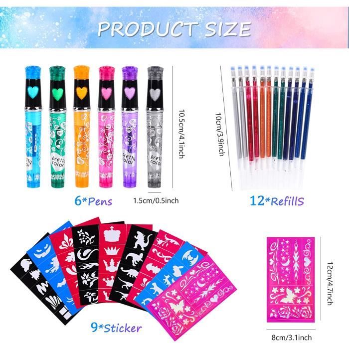 Mkitnvy Kit Tatouage Enfant, 6 pcs Stylos Gel à Paillettes Tatouage Kit avec 9 Pochoirs et 2 Temporaire Strass,12 recharges, Stylos Tatouage Tatouage Temporaire pour Halloween,Noël,Fête, Cosplay