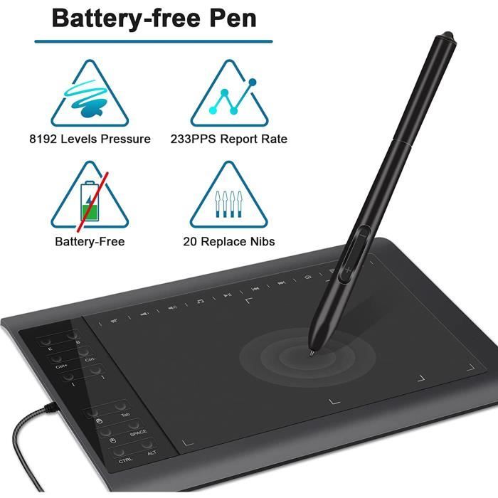 Tablette graphique a stylet Bluetooth - Stylet Pro Pen 2 - Saisie  Multi-Touch - Surface ative 311x216mm - 8192 niveaux de pression - Noire -  Port