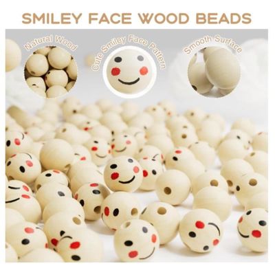 Perles En Bois Rondes, 120 Pièces Perles En Bois Avec Sourire Visage Avec Trou, 20mm Grandes Perles Naturelles Pour La Tête De Poupée DIY, Porte-clés