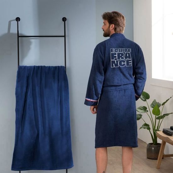 Peignoir adulte PARIS 2024 JO EQUIPE DE FRANCE OLYMPIQUE COQ OMYDREAM 100 coton Bleu marine Taille M Cdiscount Maison