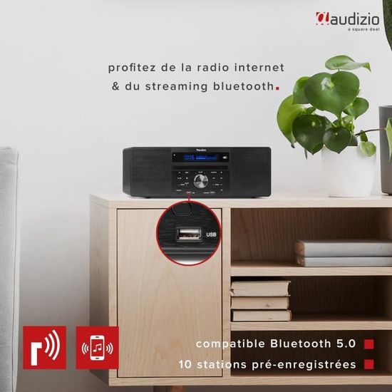 Radio CD Audizio Prato - DAB+/FM/Bluetooth - Haut-parleurs Stéréo - USB - Télécommande - Noir/bois
