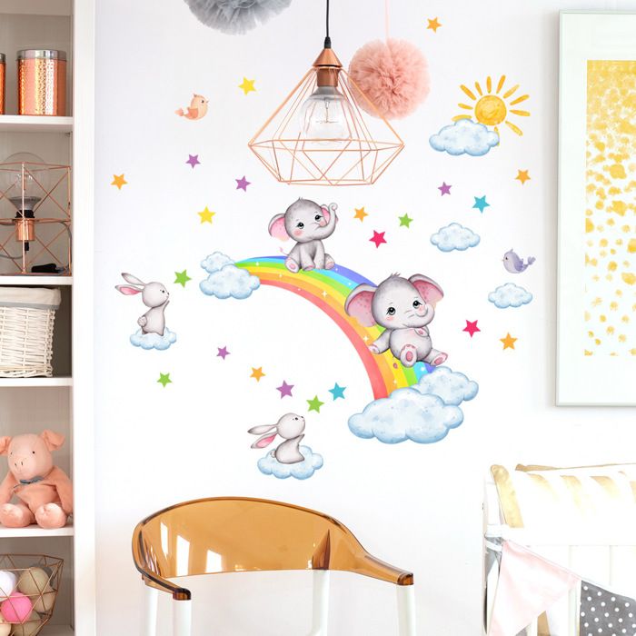 Stickers Muraux Enfants Arc en Ciel Autocollant Mural Éléphant Lapin ...