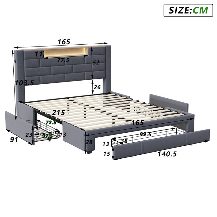 Lit Double 160x200cm Avec Tête De Lit LED Et Ports USB - AOGLLATI | Design Vintage Et Rangement Pratique