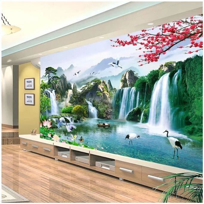 Montagne Cascade Chinois Tableaux sur Toile-Paysage Tableau Nature Poster-  Panoramique Impression sur Toile-Abstrait Art Toile Peinture-Decoration
