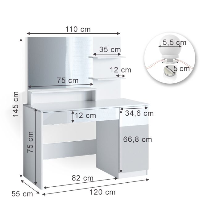 Coiffeuse | Table De Maquillage | Coiffeuse Maquillage à LED Avec Armoire Blanc Bois Ingenierie Cfw64864 90635225