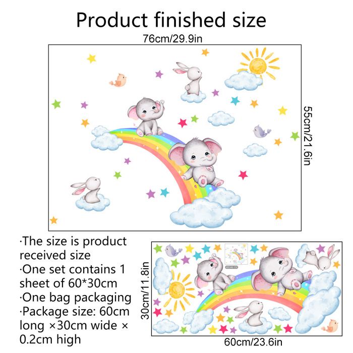 Stickers Muraux Enfants Arc en Ciel Autocollant Mural Éléphant Lapin ...