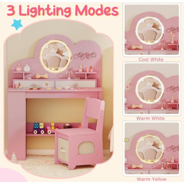 DREAMADE Coiffeuse Enfant avec Miroir et Tabouret, Ensemble Coiffeuse