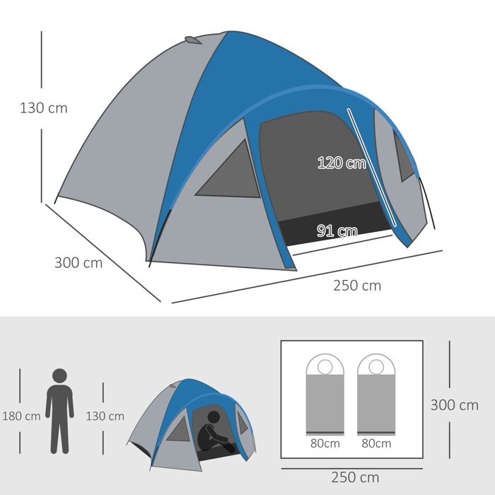 Tente De Camping Tunnel Outsunny 4-6 Personnes - Imperméable 3000 Mm, 2 Chambres - Dimensions 435x251x195 Cm - Bleu/blanc