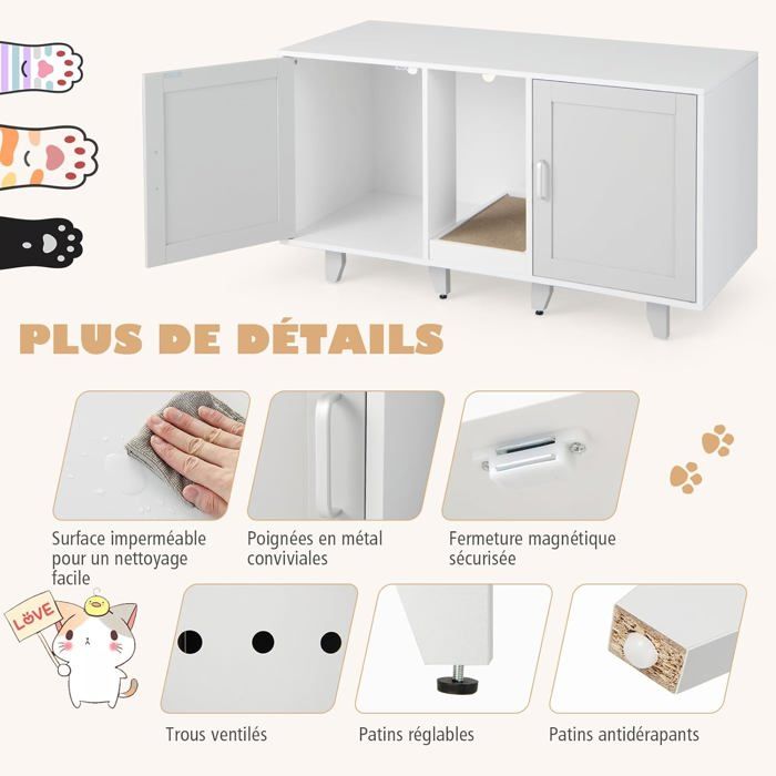 Meuble Cache-bac à Litière Pour Chat Avec 3 Griffoirs Et Plateforme - Dimensions 100x51x91 Cm - Gris Et Blanc - Multi-fonctions (litière, Jeu, Repos) - 2