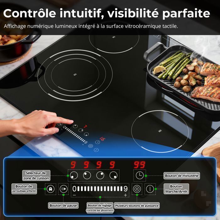 Plaque Vitrocéramique 4 Feux 6600W Encastrable – Double Zone Ovale BBQ, Minuterie, Pause, Sécurité Enfant