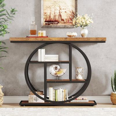 LIFEZEAL Table Console 3 Niveaux 100x30x80 Cm - Marron Rustique - Cadre Métal Noir - 2 Tiroirs En Tissu Pliables - Style Industriel - Avec Fixations Anti-basculement