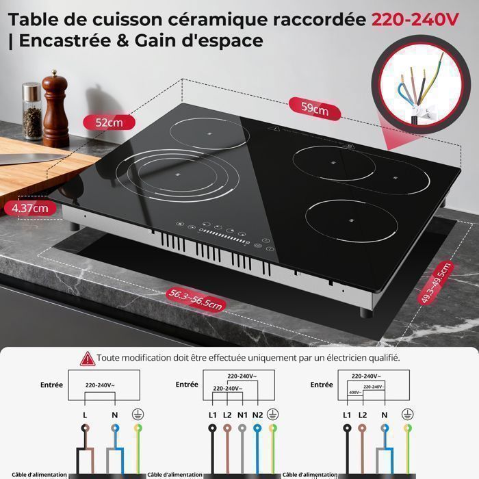 LEADZM Plaque De Cuisson Vitrocéramique 2 Feux 3000W – Minuteur, 9 Niveaux Puissance, Tactile, Sécurité Enfant, Anti-Débordement, Noire Élégante