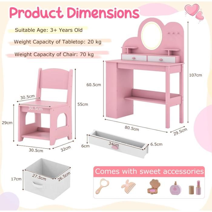 LIFEZEAL Coiffeuse Enfant 2 en 1 avec Tabouret Tiroir, Enfant Miroir 3 Volets Pliables,Table Maquillage Enfants 3-7 Ans,70x34x105cm,Rose | Leroy Merlin