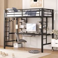 Lit Métal SUNFECILI – Noir, lit mezzanine 90x200cm avec bureau et deux étagères, adapté aux enfants, adolescents et adultes