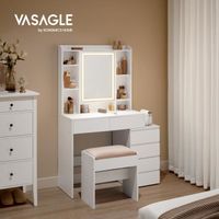 Coiffeuse - VASAGLE - Grand Miroir LED - Compartiments Ouverts - Tabouret - Étagères Réglables - Blanc Nuage