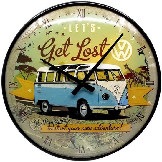 , horloge rétro, volkswagen bulli – lets get lost – cadeau pour le bus vw, décoration murale cuisine, déco design vintage, ø 31 cm