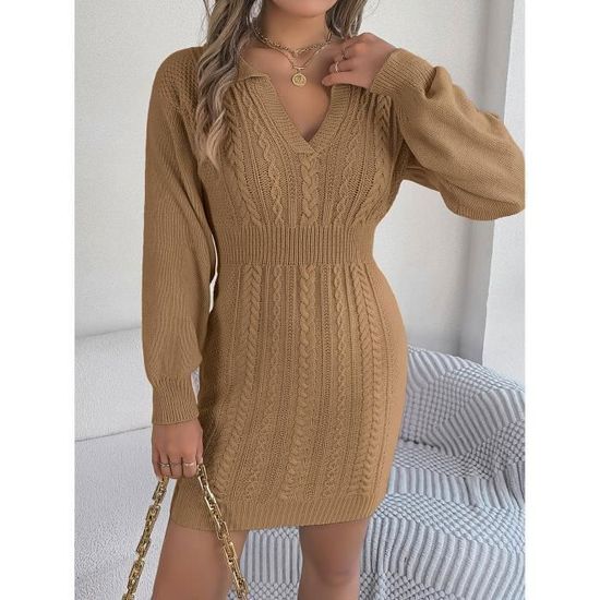 ORANDESIGNE Robe Pull Tricotée Femme - Col V Manches Longues Loose Oversize Automne Hiver