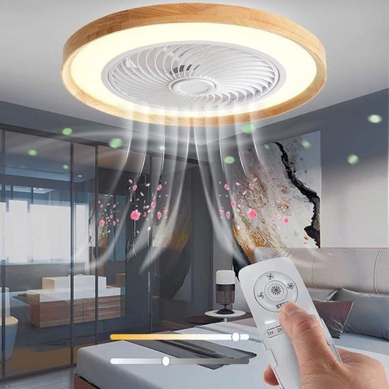 LED Plafonnier Ventilateur Silencieux Lampe De Plafond Rond Bois, Fan