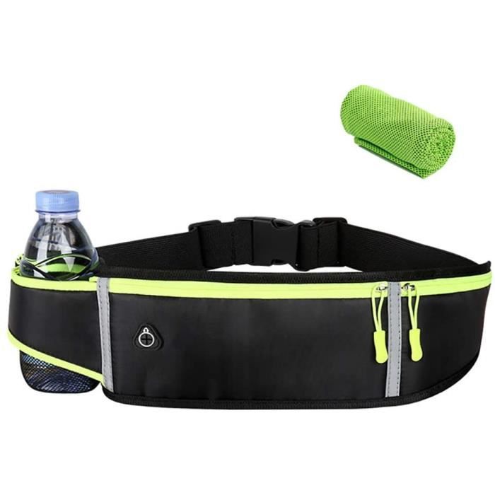 Ceinture Running Homme/Femme – Porte-Bouteille + 4 Poches Étanchées, Support Smartphone 7.5'', Réfléchissante, Réglable 60-110 Cm – Idéal Jogging, Randonnée, Gym