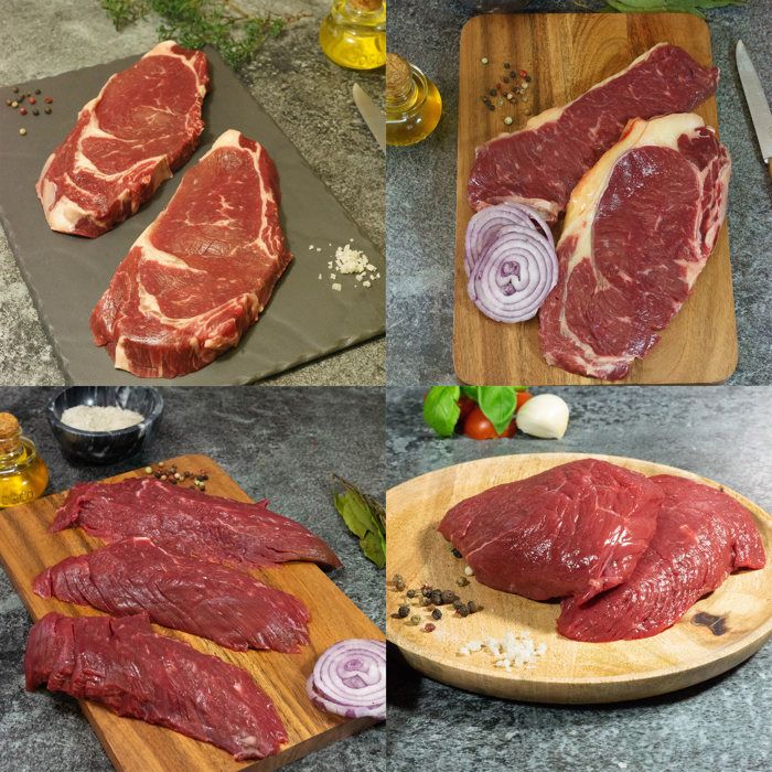 Colis bœuf Simmental : 2 faux filets, 3 bavettes, 2 pavés, émincé - 1,5kg