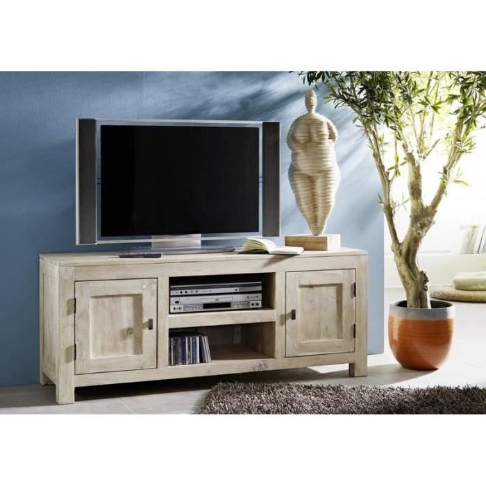 Meuble TV, Bois Massif d'Acacia, Couleur Bois Blanc, NATURE WHITE #41