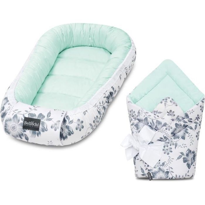 Bellochi Set 2 in 1 Reducteur de Lit Bebe et Universelle Nid d'Ange Bebe - 100% Coton - Certifié OEKO-TEX - Baie Menthe