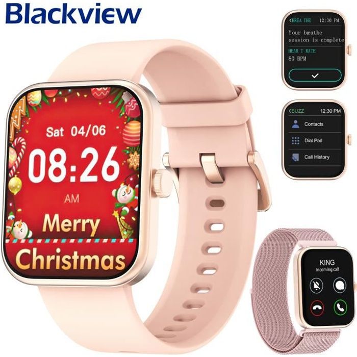Blackview Montre Connectée Femme d’Appel Bluetooth 1,83'' HD Smartwatch Sportif Lecteur Musique SpO2 Sommeil Météo Android iOS Rose
