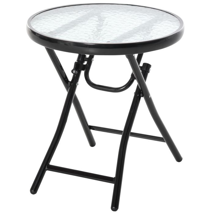 Table basse ronde bistro de jardin Ø 45 x 50H cm pliable métal époxy noir plateau verre trempé 45x45x50cm Noir