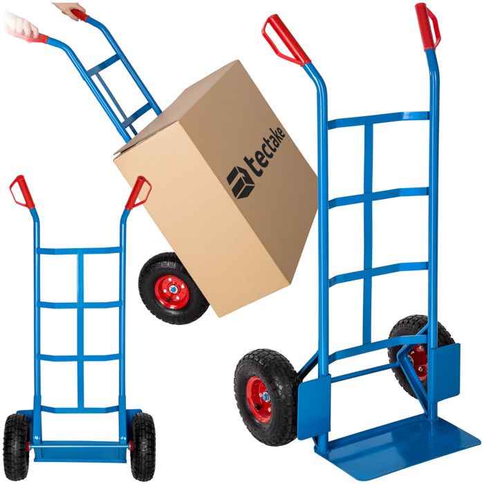 TECTAKE Diable de Transport à 2 Roues Gonflables Capacité 200 kg en Acier 119 cm x 55 cm x 44 cm Bleu