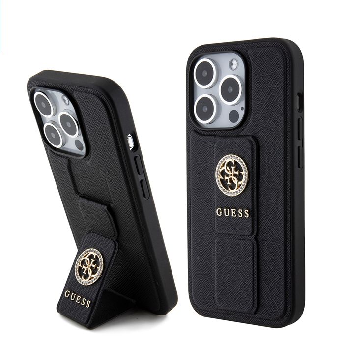 Guess Grip Stand 4G Saffiano Strass Logo Coque iPhone 15 Pro Max